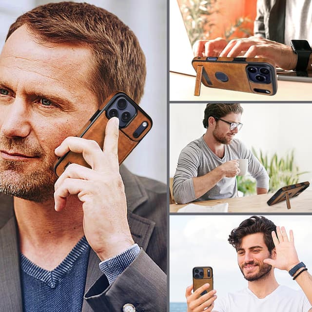 Detalle de KSELF Leather Case for iPhone 17 Pro Max (6.9") with Built-in Invisible Kickstand, Slim Protective PU Leather Case — Brown