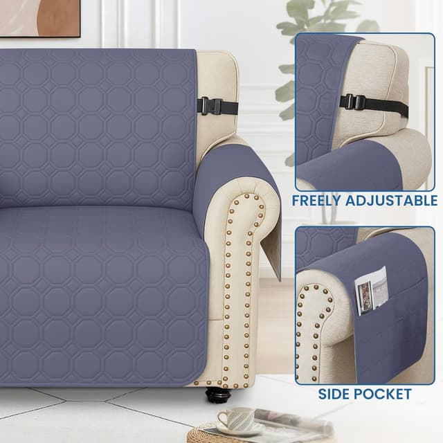 Detalle 2 de Ystyle copridivano impermeabile 2 posti con braccioli, antiscivolo e tasche laterali, blu grigio