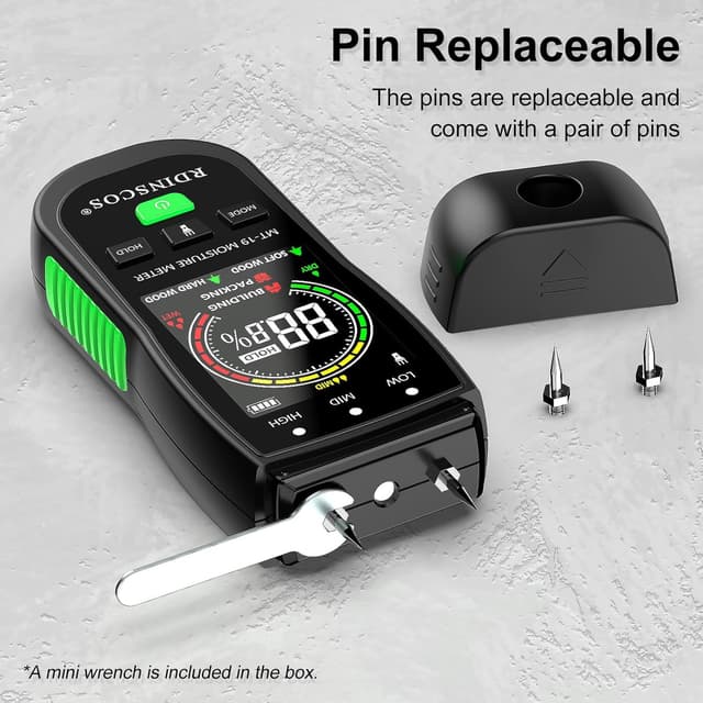 Detalle de RDINSCOS 3-in-1 Pin Type Damp Meter (MT19C) for Walls, Wood & Building Materials