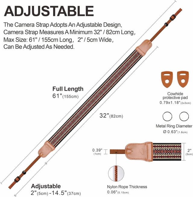 Detalle de Padwa Lifestyle Speed Red Embroidered Camera Strap (2" wide) – Universal cowhide & cotton strap for DSLR and mirrorless