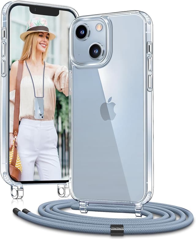 Detalle de Vaykwo Cover con cordino per iPhone 14 / iPhone 13 da 6,1" con tracolla regolabile e protezione trasparente (blu)