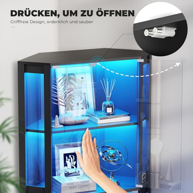 Detalle 2 de BROTTAR Eckvitrine mit Glastüren 165 cm (Eckregal, LED 3 Farben & Sensor) in Schwarz