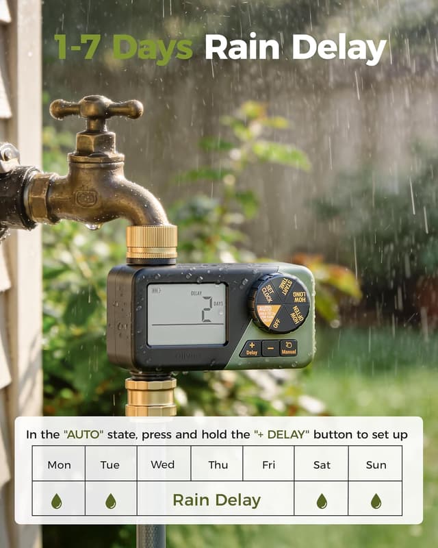 Detalle 2 de Diivoo Water Sprinkler Timer with Brass Inlet & Outlet – weekly irrigation with rain delay and manual watering