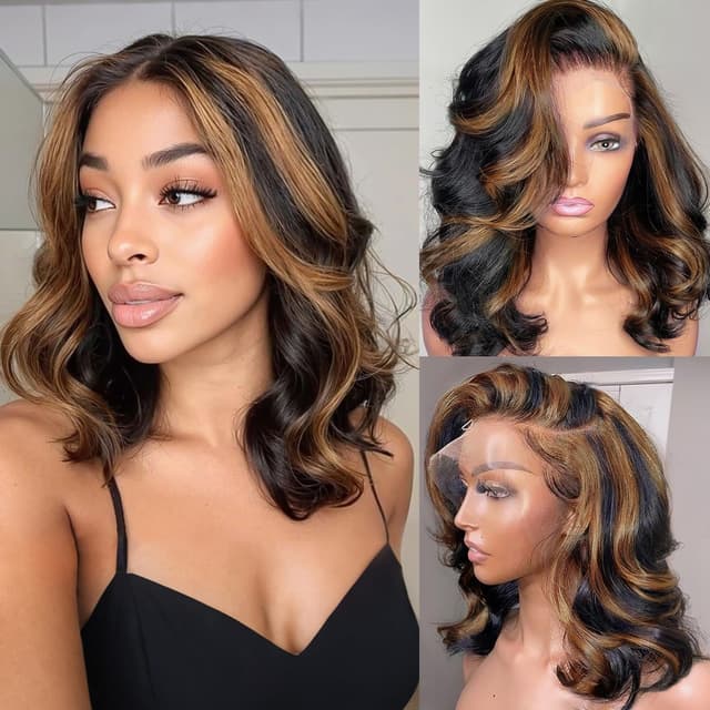 Detalle de Afribye 13x6 Highlight Ombre Body Wave Lace Front Wig (Human Hair, 200% Density, FB/30) — Pre-Plucked, Glueless