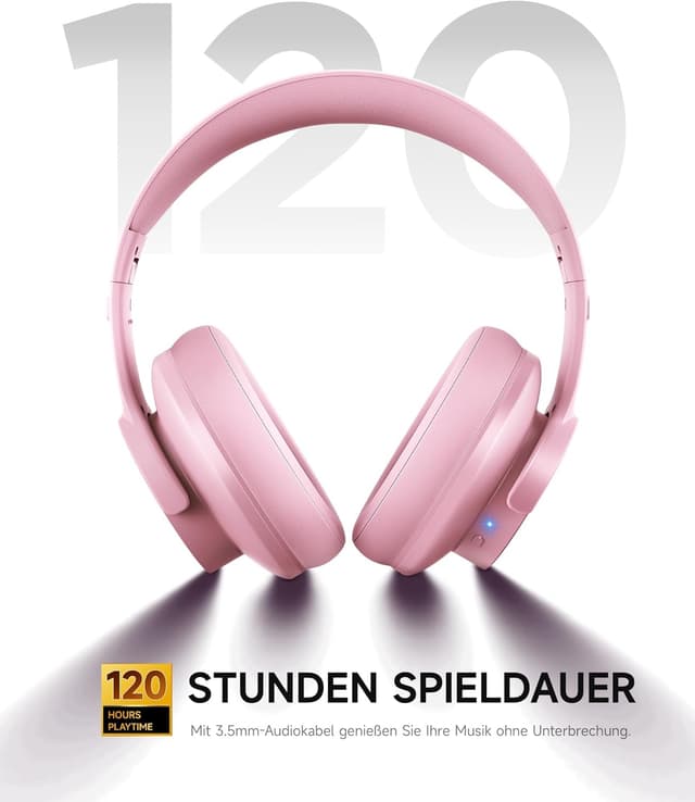 Detalle de Picun B8 Bluetooth-Kopfhörer kabellos (On-Ear/Over-Ear), 3 EQ-Modi, Freisprechen und bis zu 120 Stunden Akku – Rosa