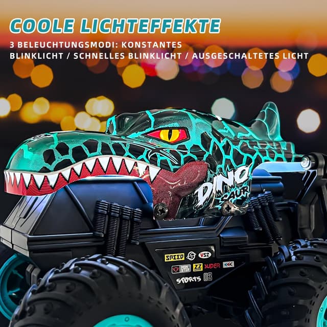Detalle de Ferngesteuertes 2,4GHz Monstertruck Auto (1:20) mit Dinosaurier-Optik, LED-Licht & Musik – ca. 20 km/h