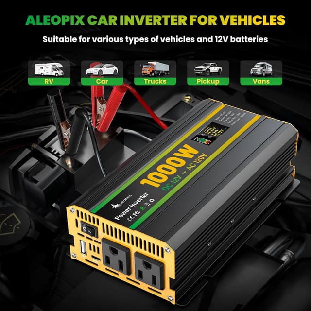 Detalle de ALEOPIX 1000W Power Inverter (12V to 110V) for Vehicles with Dual AC, LED Display & USB Ports (Surge 2000W)