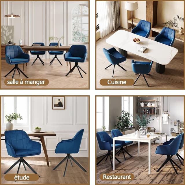 Thumbnail 6 de Lot de 4 chaises pivotantes à 360° en velours avec accoudoirs Goeurvant – bleu foncé