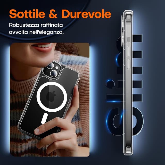 Detalle 2 de TAURI Cover per iPhone 15 Plus con pellicola in vetro temperato e MagSafe magnetico (trasparente)