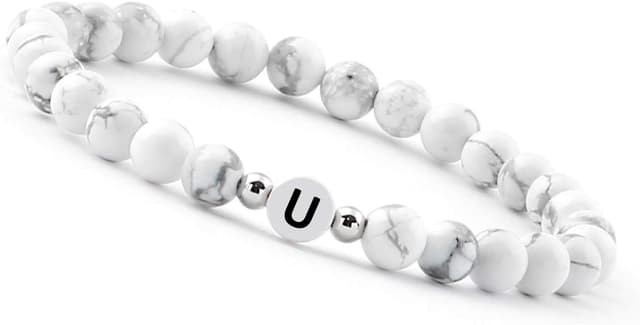 Imagen de Bracciale di perline Lettera I con pietre naturali di Howlite e iniziale personalizzata en OfertitasTOP