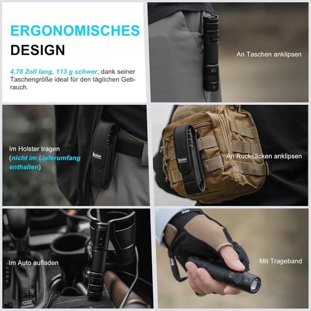 Detalle de WUBEN C3 LED Taschenlampe (1200 Lumen) – USB-C aufladbar, IP68, 6 Modi