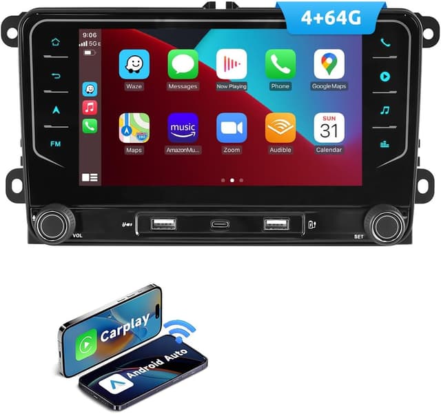 Detalle de ESSGOO 4+64G 7-Zoll Autoradio mit Wireless CarPlay & Android Auto für VW Golf, Tiguan, Passat & Co.