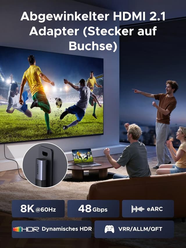 Detalle 2 de UGREEN 8K HDMI Adapter (Winkelstecker 90°/270°, HDMI 2.1) für 8K@60Hz & 4K Gaming