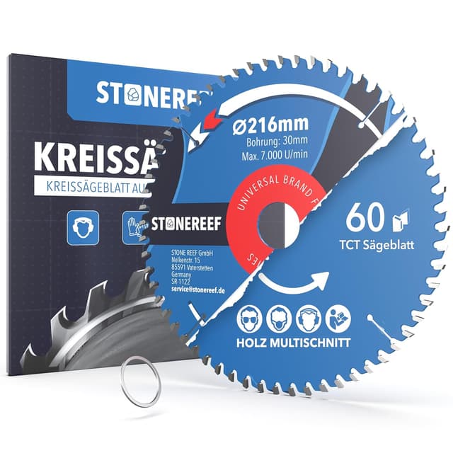 Detalle de Sägeblatt 216x30 mm (Kreissägeblatt) inkl. Adapter für 20 & 16 mm – für Holz, auch zum Trennen von Nägeln