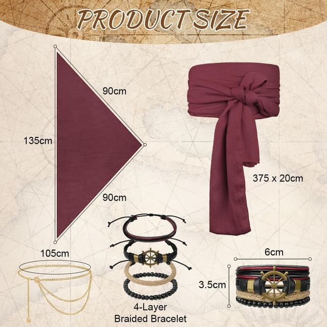 Detalle 2 de Alaoo Kit Accessori Pirata da Capitano: bandana e cintura regolabili per costume