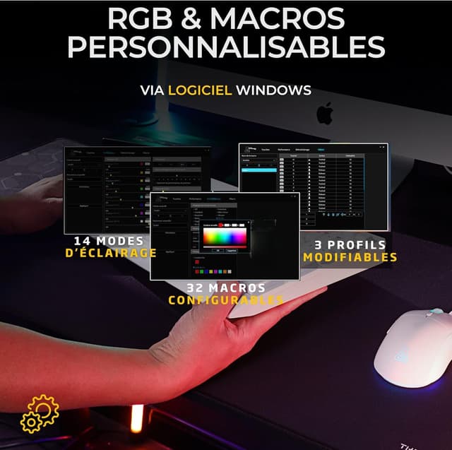 Detalle de The G-Lab Combo Tungsten EX : pack clavier souris Triple Connexion (2,4 GHz / Bluetooth / filaire) AZERTY FR RGB & macros + souris 6400 DPI (blanc)