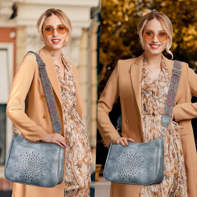 Detalle 2 de APHISON Damen Klein-Umhängetasche Crossbody mit Sonnenblumen-Lochmuster, blau (veganes Leder)