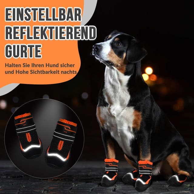 Detalle de Eyein Hundeschuhe Pfotenschutz (2 Stück) atmungsaktiv mit rutschfester Sohle und reflektierendem Klettverschluss, Orange – Größe 5