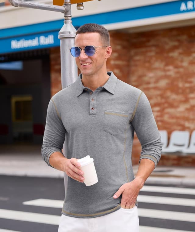 Detalle de Elainone Herren Langarm Polo mit Brusttasche – atmungsaktives Stretch Golf Oberteil (Regular Fit) M bis 3XL