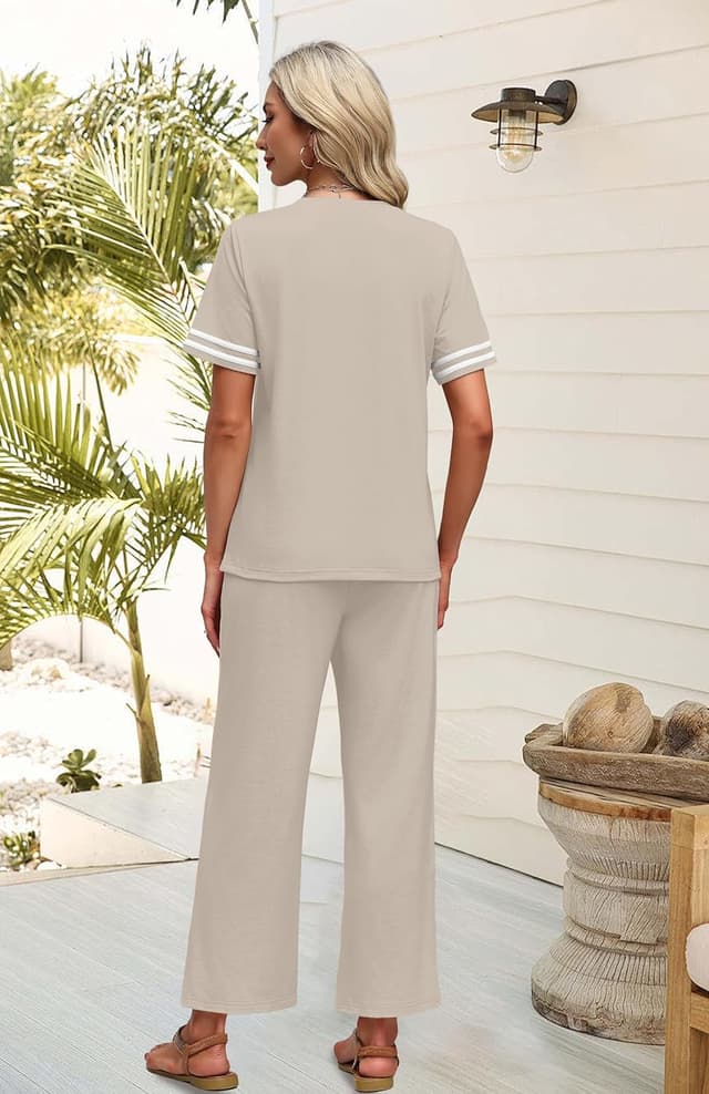 Detalle de WIHOLL Two-Piece Lounge Set for Women: Striped Short-Sleeve Top & Wide-Leg Pants