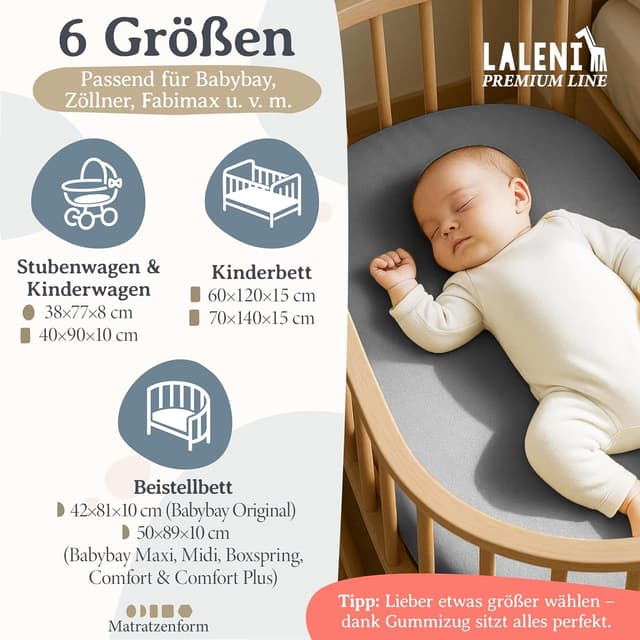 Detalle 2 de Laleni Premium Spannbettlaken 50x89 cm aus 100% Baumwolle, für Baby- & Kinderbett (grau), OEKO-TEX zertifiziert