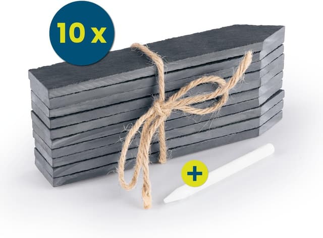 Detalle de Set Hoberg di 10 cartelli in ardesia per piante 15 x 2,5 cm (nero) con penna a gesso