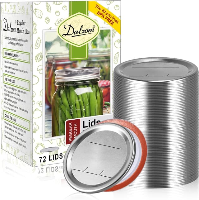 Detalle de Dalzom 72-Pack Regular Mouth Canning Lids for Mason Jars (Food-Grade, Airtight, BPA-Free Seal)