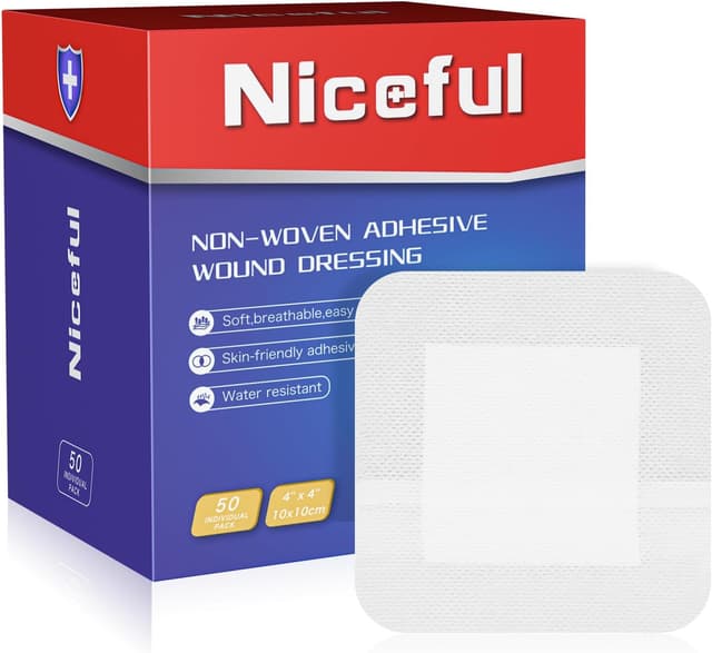 Detalle de Niceful 50 Count 4" x 4" Adhesive Gauze Island Dressing — Water-Resistant Sterile Pads for First Aid