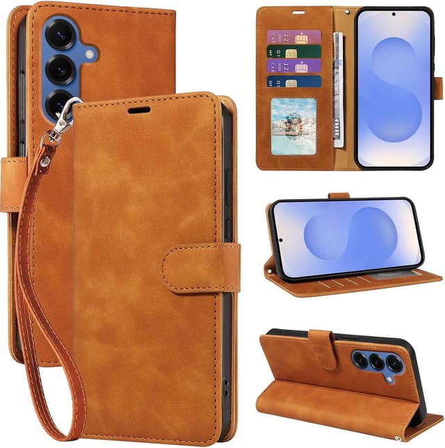 Detalle de GOTOURED Handyhülle für Samsung Galaxy S25 Plus 5G – Klapphülle mit RFID-Blockierung, Kartenfächern, Riemen und Ständer (Braun)