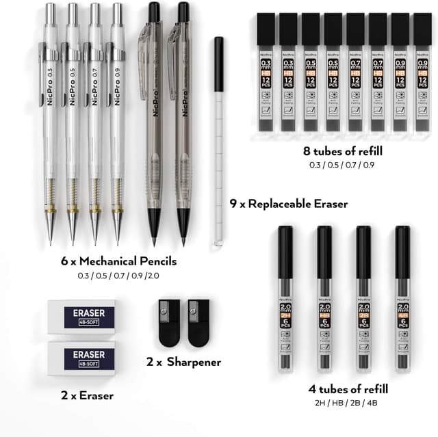 Detalle 2 de Nicpro 6 PCS Mechanical Pencil Set 0.3–2.0mm