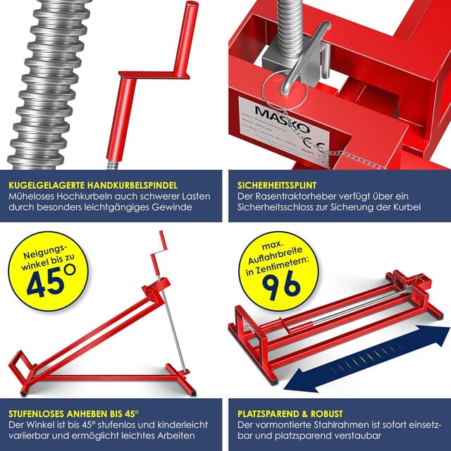 Detalle de MASKO® XXL Rasentraktorheber bis 450 kg – verstellbare Hebevorrichtung mit Neigung und Bürste