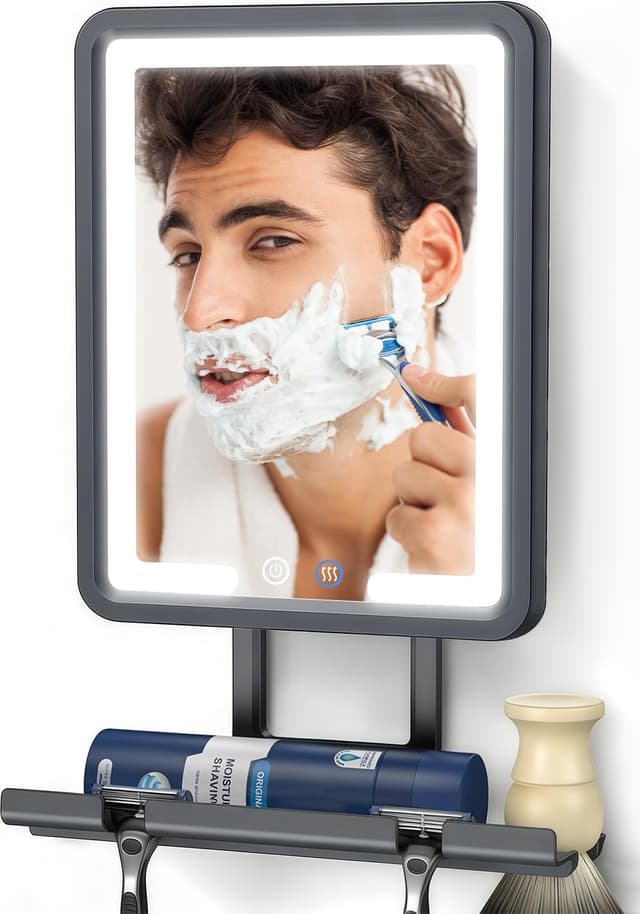 Detalle de DeLanges Heated Fogless LED Shower Mirror with 3 Dimmable Lights, Rechargeable Battery & Drill-Free Mount