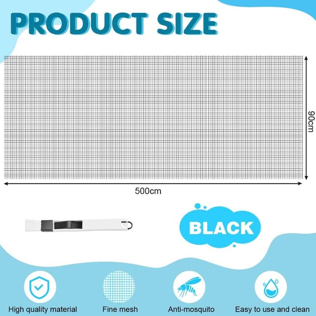 Detalle de BUZIFU Fliegengitter Meterware aus Fiberglas, 90 x 500 cm mit Fensterputzbürste – UV-beständig für Fenster & Türen (Schwarz)