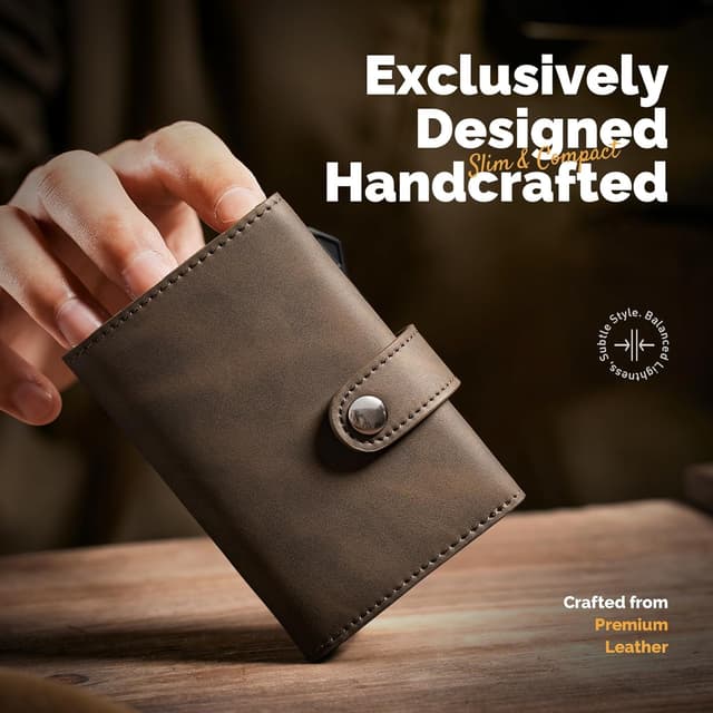 Detalle 2 de YESIIW Crazy Horse Brown RFID Leather Card Holder Wallet with Pop-Up Mechanism (up to 9 cards, 2 ID windows)