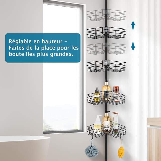 Detalle de FIISAYL étagère de douche télescopique sans perçage en acier inoxydable (4 plateaux) réglable 85–325 cm – Noir