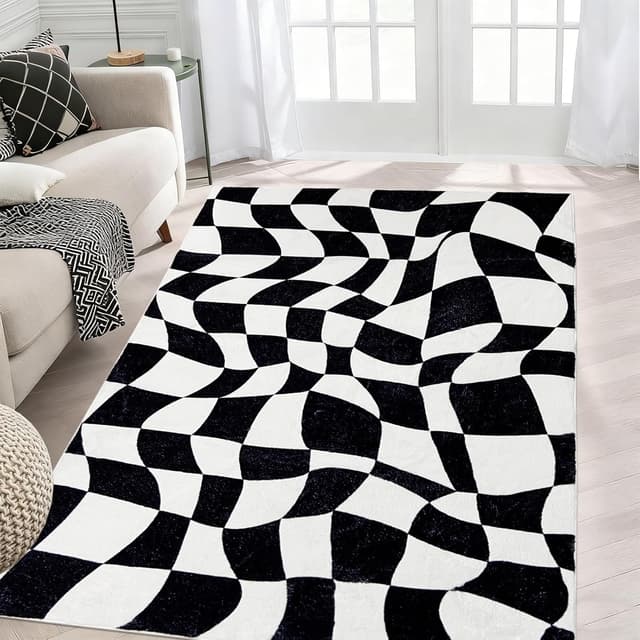 Detalle de USTIDE Large Black and White Checkered Rug, 120x180cm – washable fluffy indoor area rug