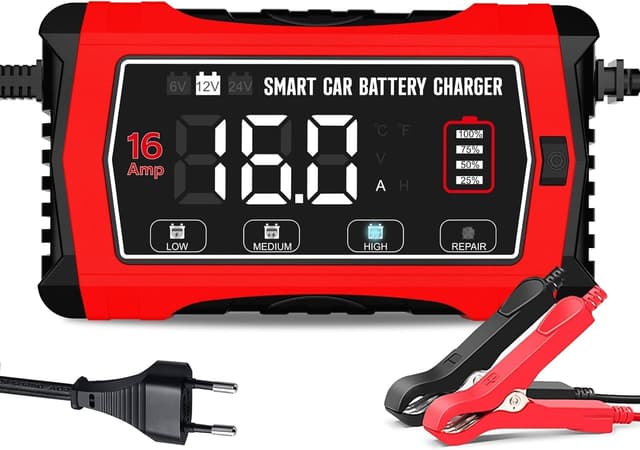 Detalle de Haisito 16A Autobatterieladegerät für 6V/12V/24V mit LCD – Erhaltungsladung & Entsulfatierung für AGM, LiFePO4 und Blei-Säure