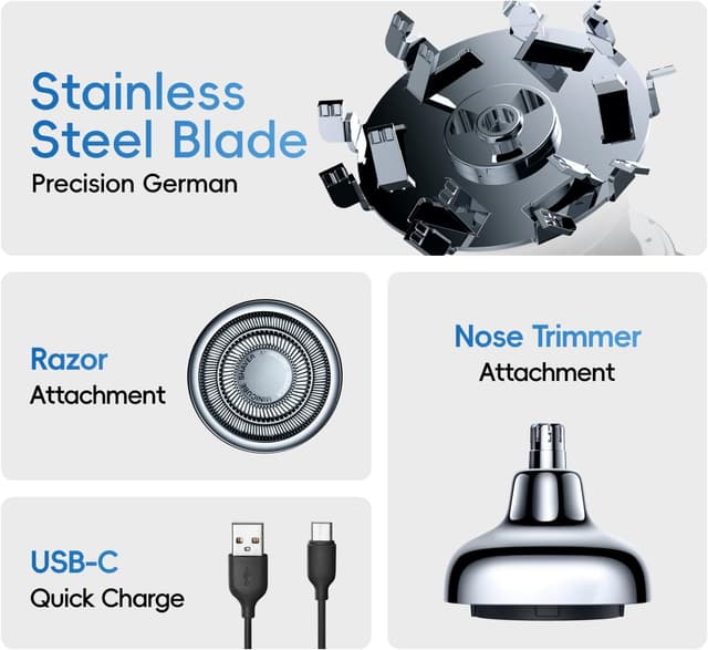 Detalle de Yoose 2 in 1 tagliapeli naso e rasoio elettrico ricaricabile USB-C (IPX7) con testine intercambiabili