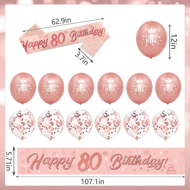 Detalle de Rose Gold Happy 80th Birthday Banner, Sash, Cake Topper, Triangle Flags & Confetti Balloons Decoration Set