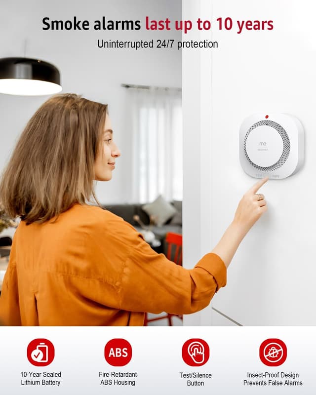 Detalle de Smoke Alarm for Home (Optical) with 10-Year Battery Life, LED Indicator and 80dB Audible – 2 Pack