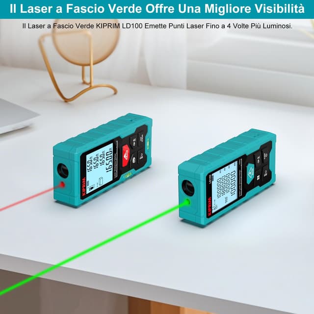 Detalle de Kiprim LD100 Metro Laser Professionale verde fino a 100 m, ±2 mm, Classe II, USB-C ricaricabile