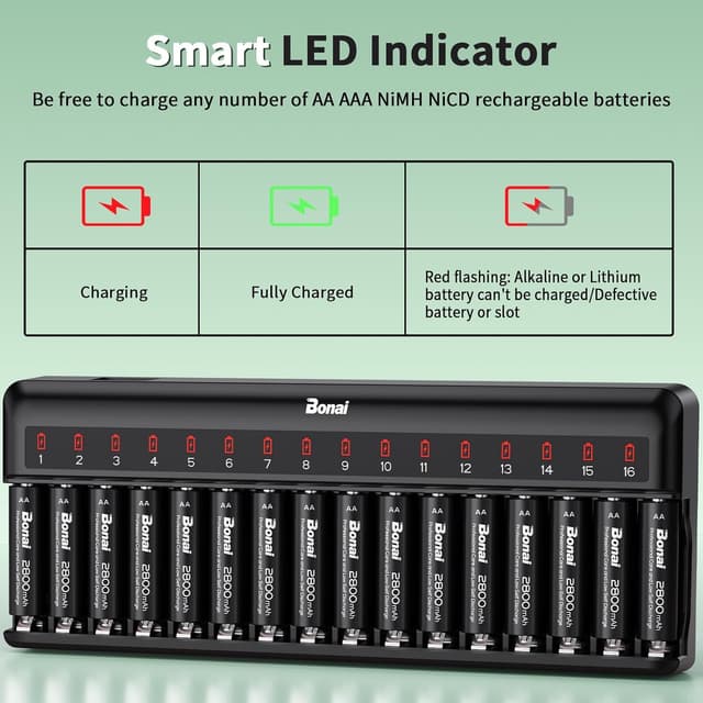 Detalle 2 de Bonai Rechargeable AA Batteries (2800mAh) with 16-Bay Smart Charger — 16-Pack Ni-MH