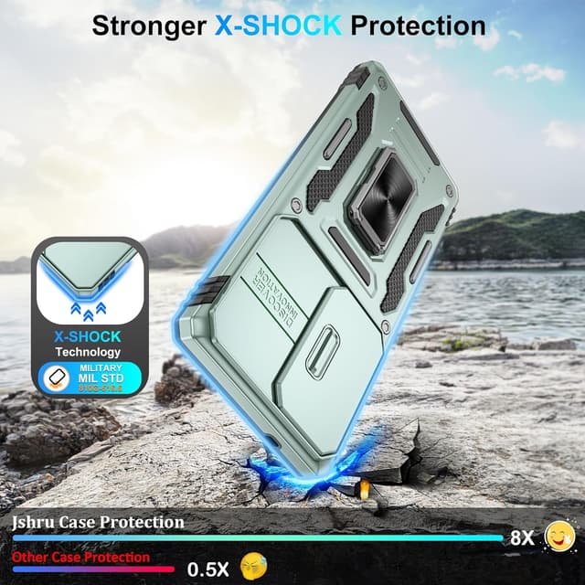 Detalle de Jshru Samsung Galaxy S25 Ultra case with screen protector, sliding camera cover and ring stand (Alpine Green)