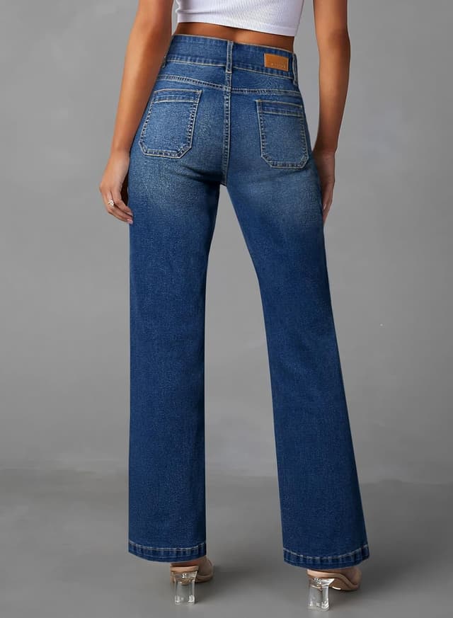 Detalle de Sidefeel Women’s High-Waisted Wide Leg Jeans with Tummy Control and Front Pockets