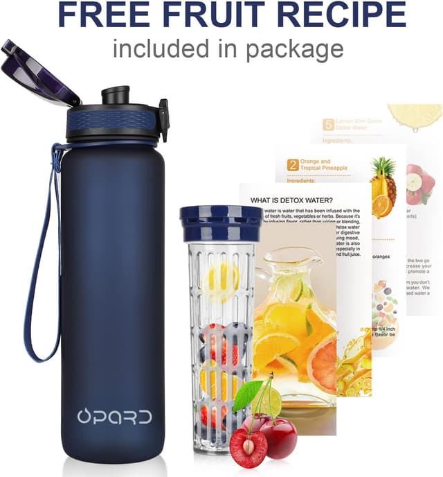 Detalle de Opard Trinkflasche 1L mit Früchtebehälter und Teesieb – BPA-frei, mit Zeit- und Volumenmarkierung