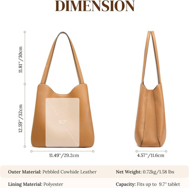 Detalle 2 de S-ZONE Soft Genuine Leather Tote Bag for Women with Zipper & Bottom Rivets