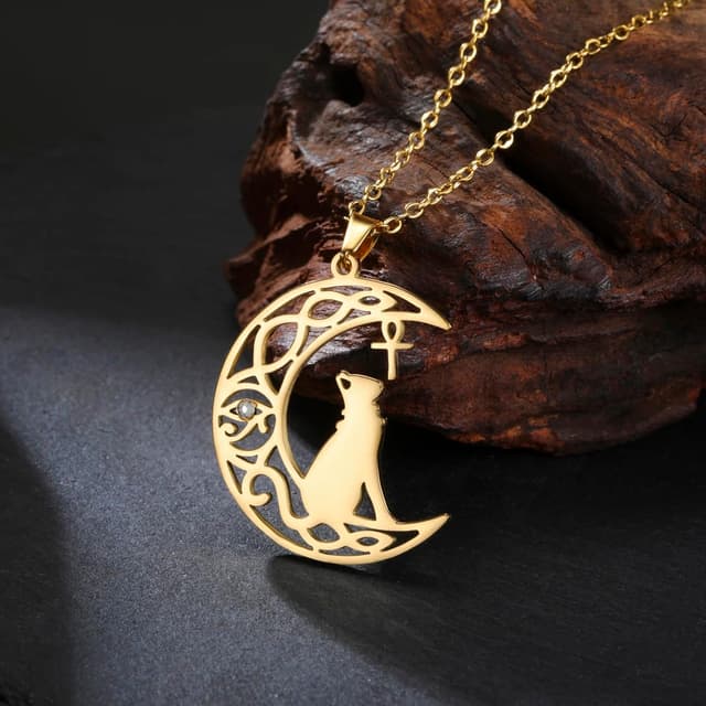 Detalle de VASSAGO Ägyptische Ankh-Halskette aus Edelstahl mit Bastet-Katze und Auge des Horus-Anhänger