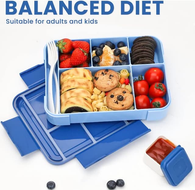 Detalle de Bugucat Kinder-Brotdose mit 6 Fächern (1330 ml) – auslaufsicheres Bento inkl. Besteckset, blau