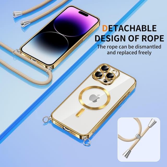 Thumbnail 6 de Micnkifo Magnetisches Handyband mit abnehmbarem Umhängegurt für iPhone 14 Pro (Magsafe-kompatibel) – Hülle mit verstellbarer Kordel, Gold