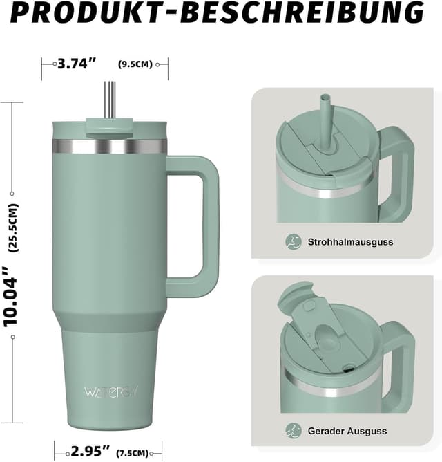Detalle de WATERSY 1,2 l Thermobecher mit 2 Strohhalmen – vakuumisoliert, BPA-frei, auslaufsicher unterwegs (Retro Grün)